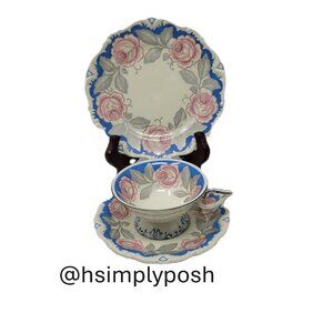 Seltmann Weiden Teacup Saucer Plate Rose Pattern Platinum Rim Vintage 1924-1946